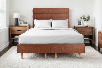 Lit 2x 80x200 cm - Sommier tapissier H35 cm + tête de lit à lignes - Tissu Bouclette Terracotta