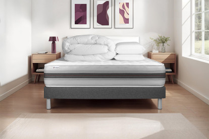 Pack lit complet 140x190 cm - Matelas + Sommier Gris (en kit) + 2 oreillers + Couette - Vitalmemo Back