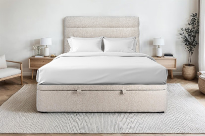 Lit coffre 140x200 cm avec Tête de lit à lignes - Tissu Bouclette Beige Clair