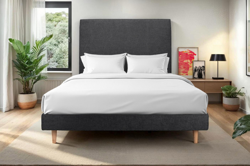 Lit 150x190 cm avec Tête de lit tapissée - Tissu Toile natté