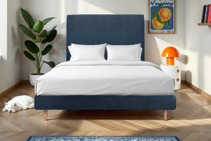 Lit 160x200 cm - Sommier à lattes H29 cm + tête de lit tapissée - Tissu Toile natté Bleu Océan