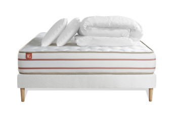 Pack lit complet 140x200 cm - Matelas + Sommier Blanc (en kit) + 2 oreillers + Couette - Le Doux Pack lit complet 140x200 cm - Matelas + Sommier Blanc (en kit) + 2 oreillers + Couette - Le Doux