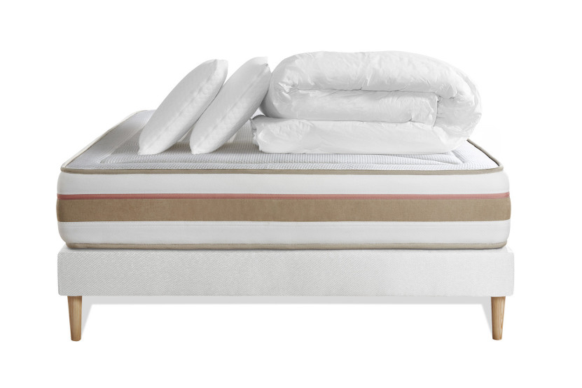 Pack lit complet 180x200 cm - Matelas + Sommier Blanc (en kit) + 2 oreillers + Couette - Le Tendre