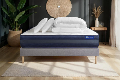 Pack lit complet 200x200 cm - Matelas + Sommier Gris (en kit) + 2 oreillers + Couette - Actiflex Tech