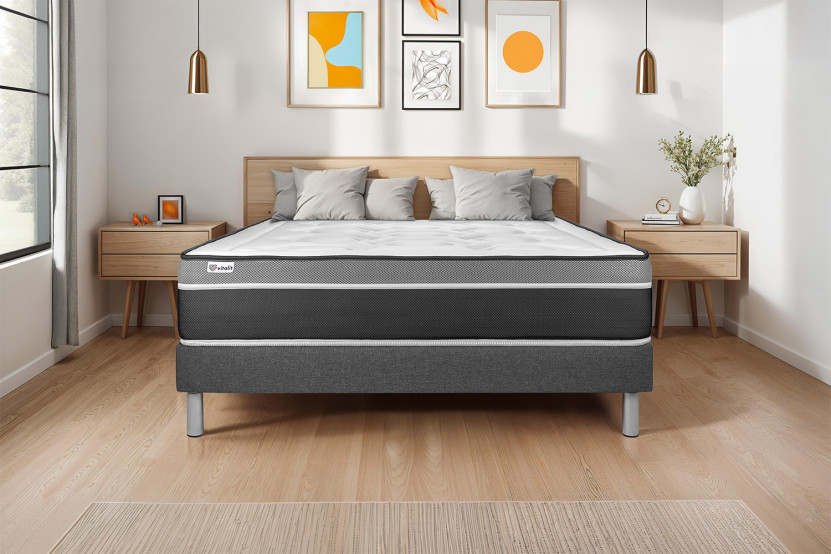 Ensemble Matelas Sommier 140x190 cm - Sommier Gris (en kit) - Vital Care