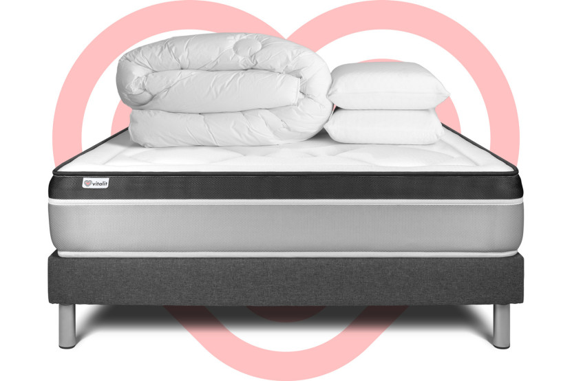 Pack lit complet 160x200 cm - Matelas + Sommier Gris (en kit) + 2 oreillers + Couette - Vital Ergo