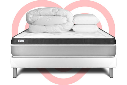 Pack lit complet 140x190 cm - Matelas + Sommier Blanc (en kit) + 2 oreillers + Couette - Vital Ergo