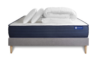 Pack lit complet 200x200 cm - Matelas + Sommier Gris (en kit) + 2 oreillers + Couette - Actiflex Life