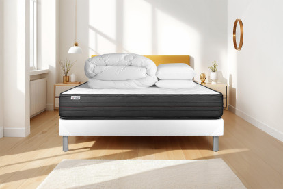 Pack lit complet 160x200 cm - Matelas + Sommier Blanc (en kit) + 2 oreillers + Couette - Vitalpower