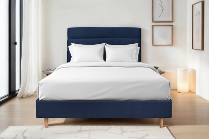 Lit 160x200 cm - Sommier tapissier H35 cm + tête de lit à lignes - Tissu Velours Bleu Océan