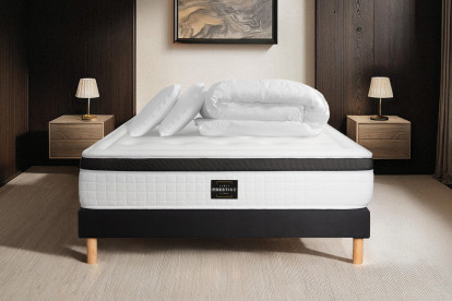 Pack lit complet 140x200 cm - Matelas + Sommier Noir (en kit) + 2 oreillers + Couette - Privilège