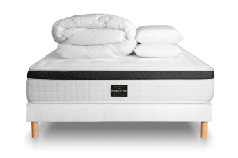 Pack lit complet 160x200 cm - Matelas + Sommier Blanc + 2 oreillers + Couette - Privilège