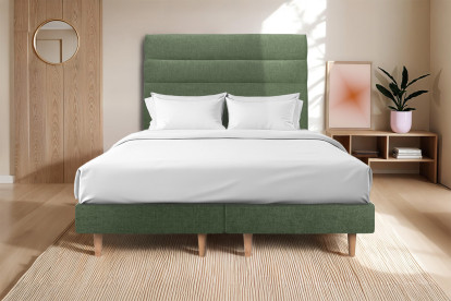 Lit 2x 100x200 cm - Sommier tapissier H29 cm + tête de lit à lignes - Tissu Toile natté Vert Kaki