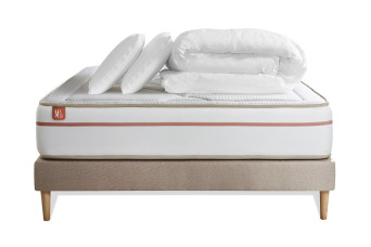 Pack lit complet 200x200 cm - Matelas + Sommier Beige (en kit) + 2 oreillers + Couette - Le Paisible
