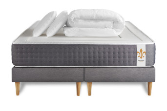 Pack lit complet 200x200 cm - Matelas + 2 Sommiers Gris + 2 oreillers + Couette - Vingt-Six