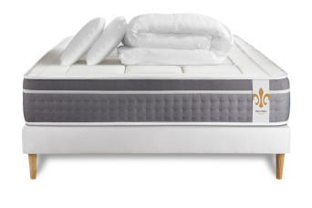 Pack lit complet 200x200 cm - Matelas + Sommier Blanc (en kit) + 2 oreillers + Couette - Trente Pack lit complet 200x200 cm - Matelas + Sommier Blanc (en kit) + 2 oreillers + Couette - Trente