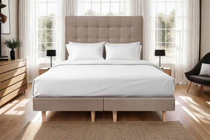 Lit 2x 100x200 cm - Sommier tapissier H29 cm + tête de lit capitonnée - Tissu Velours Taupe