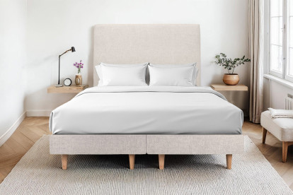 Lit 2x 80x200 cm - Sommier tapissier H29 cm + tête de lit tapissée - Tissu Toile natté Beige Clair
