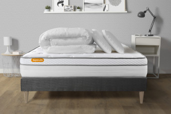 Pack lit complet 140x190 cm - Matelas + Sommier Gris (en kit) + 2 oreillers + Couette - Memo Luxe Pack lit complet 140x190 cm - Matelas + Sommier Gris (en kit) + 2 oreillers + Couette - Memo Luxe
