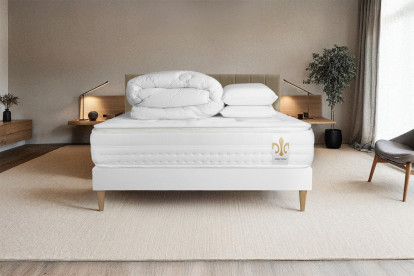 Pack lit complet 180x200 cm - Matelas + Sommier Blanc (en kit) + 2 oreillers + Couette - Vingt-Huit PLUS
