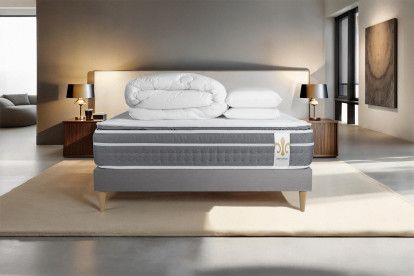 Pack lit complet 140x200 cm - Matelas + Sommier Gris + 2 oreillers + Couette - Trente PLUS