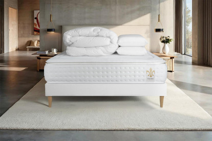 Pack lit complet 180x200 cm - Matelas + Sommier Blanc (en kit) + 2 oreillers + Couette - Vingt-Quatre PLUS