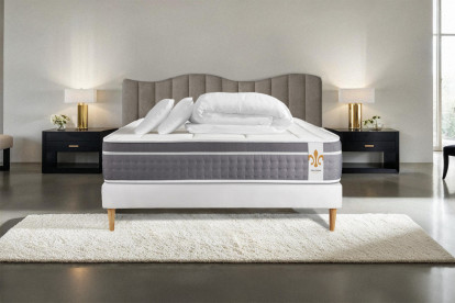 Pack lit complet 180x200 cm - Matelas + Sommier Blanc (en kit) + 2 oreillers + Couette - Trente