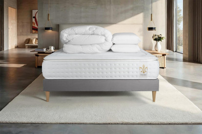 Pack lit complet 140x190 cm - Matelas + Sommier Gris (en kit) + 2 oreillers + Couette - Vingt-Quatre PLUS