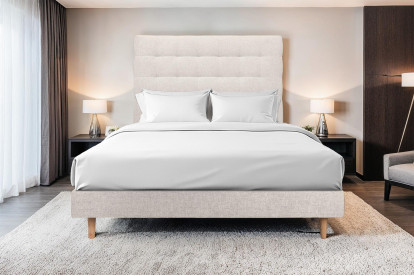 Lit 140x190 cm - Sommier tapissier H29 cm + tête de lit capitonnée - Tissu Toile natté Beige Clair