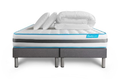 Pack lit complet 160x200 cm - Matelas + 2 Sommiers Gris + 2 oreillers + Couette - Bodyzone