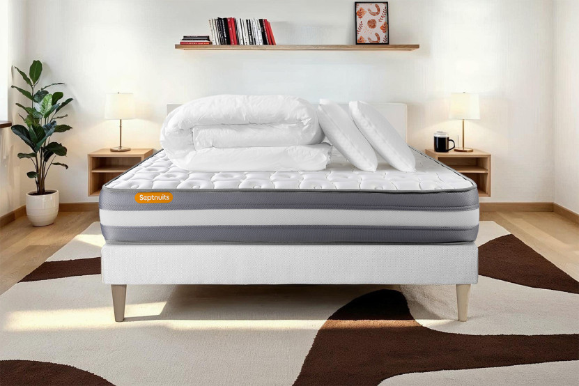 Pack lit complet 140x200 cm - Matelas + Sommier Blanc (en kit) + 2 oreillers + Couette - Memo Plus