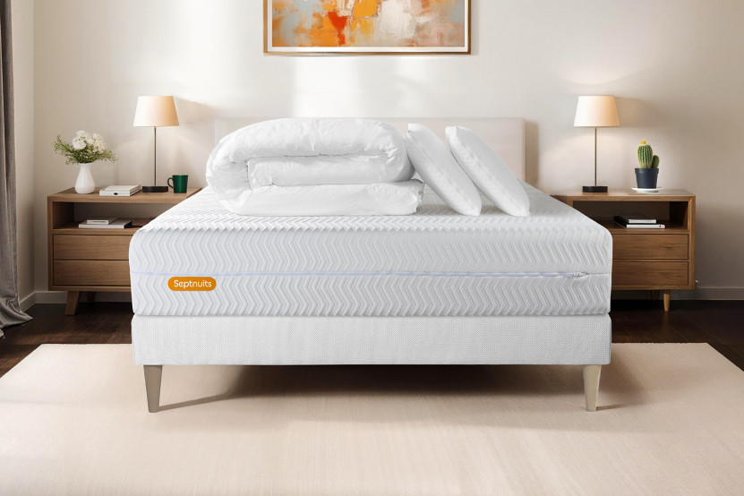 Pack lit complet 200x200 cm - Matelas + Sommier Blanc (en kit) + 2 oreillers + Couette - Memo Bio