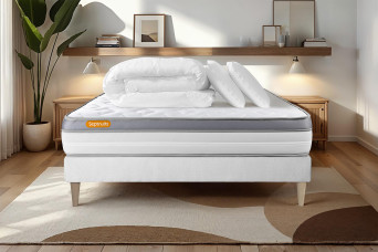 Pack lit complet 200x200 cm - Matelas + Sommier Blanc (en kit) + 2 oreillers + Couette - Memo Zen