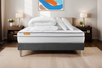 Pack lit complet 200x200 cm - Matelas + Sommier Gris (en kit) + 2 oreillers + Couette - Memo Luxe