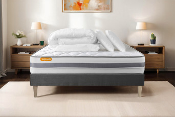 Pack lit complet 140x190 cm - Matelas + Sommier Gris + 2 oreillers + Couette - Memo Spring