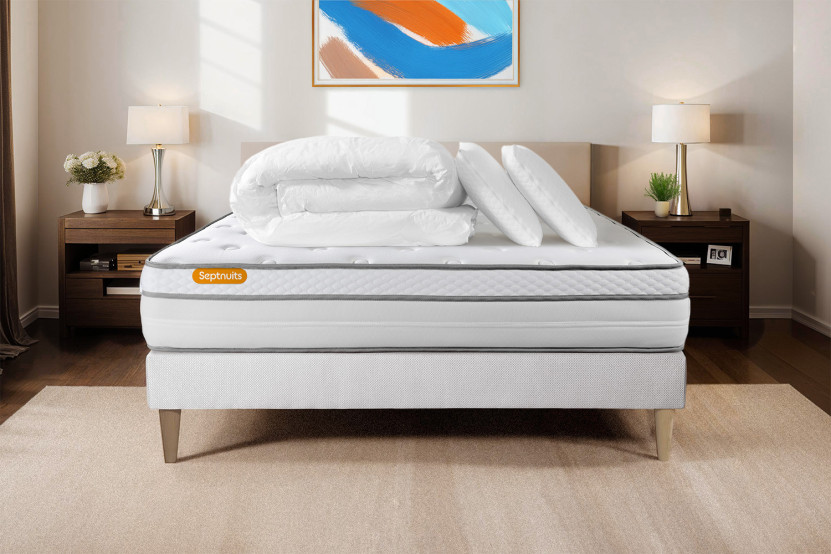 Pack lit complet 160x200 cm - Matelas + Sommier Blanc (en kit) + 2 oreillers + Couette - Memo Luxe