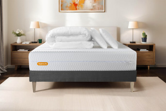 Pack lit complet 140x190 cm - Matelas + Sommier Gris + 2 oreillers + Couette - Memo Bio