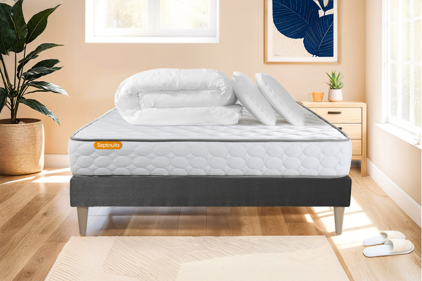 Pack lit complet 160x200 cm - Matelas + Sommier Gris (en kit) + 2 oreillers + Couette - Memo