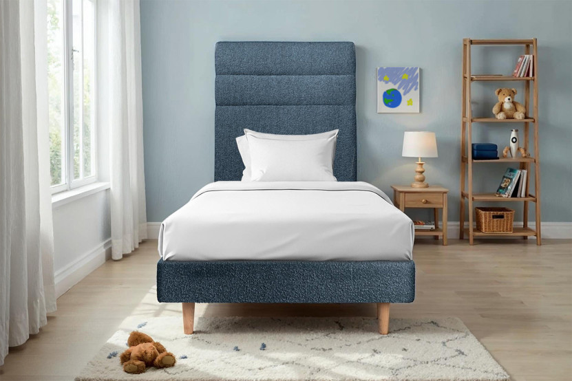 Lit 90x190 cm avec Tête de lit à lignes - Tissu Bouclette