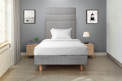 Lit 90x190 cm - Sommier tapissier H35 cm + tête de lit à lignes - Tissu Bouclette Gris