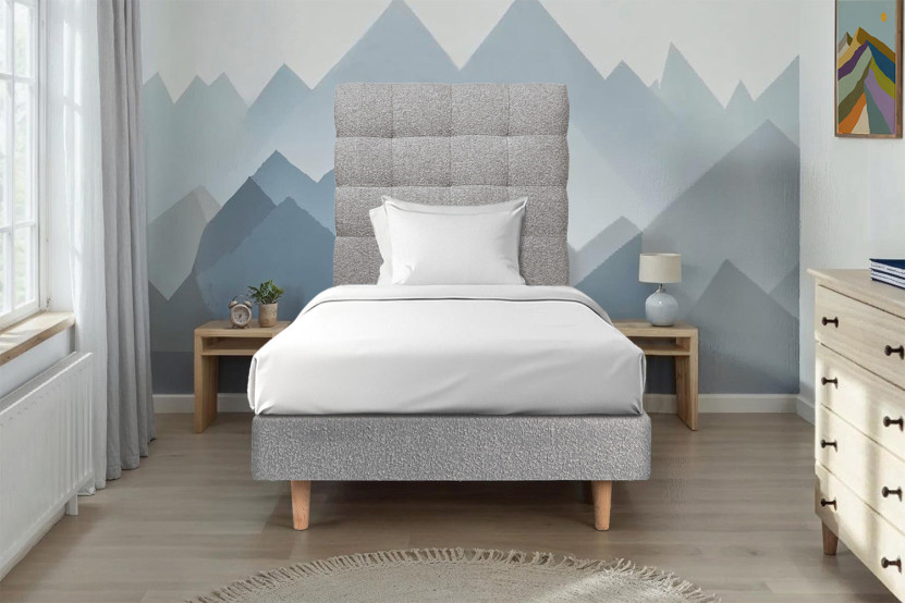 Lit 90x190 cm avec Tête de lit capitonnée - Tissu Bouclette