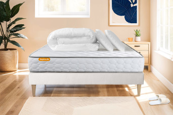 Pack lit complet 140x200 cm - Matelas + Sommier Blanc (en kit) + 2 oreillers + Couette - Memo