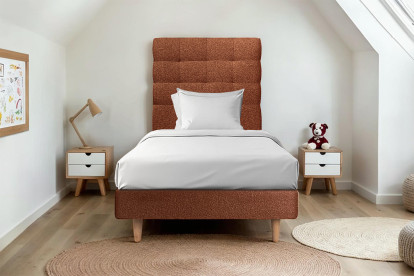 Lit 90x190 cm - Sommier tapissier H29 cm + tête de lit capitonnée - Tissu Bouclette Terracotta