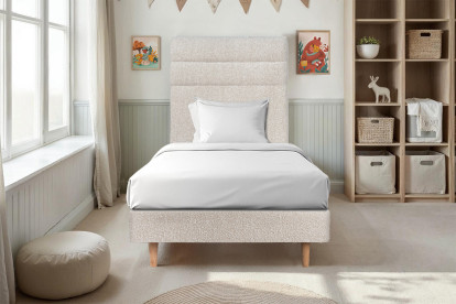 Lit 90x190 cm - Sommier à lattes H29 cm + tête de lit à lignes - Tissu Bouclette Beige Clair
