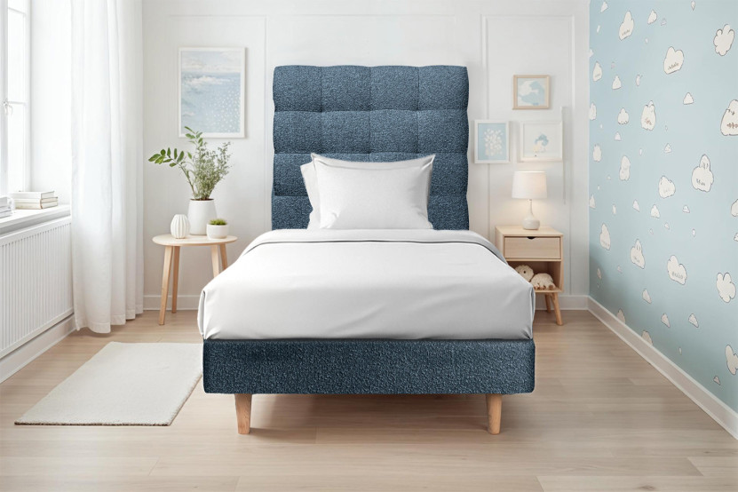 Lit 90x190 cm avec Tête de lit capitonnée - Tissu Bouclette