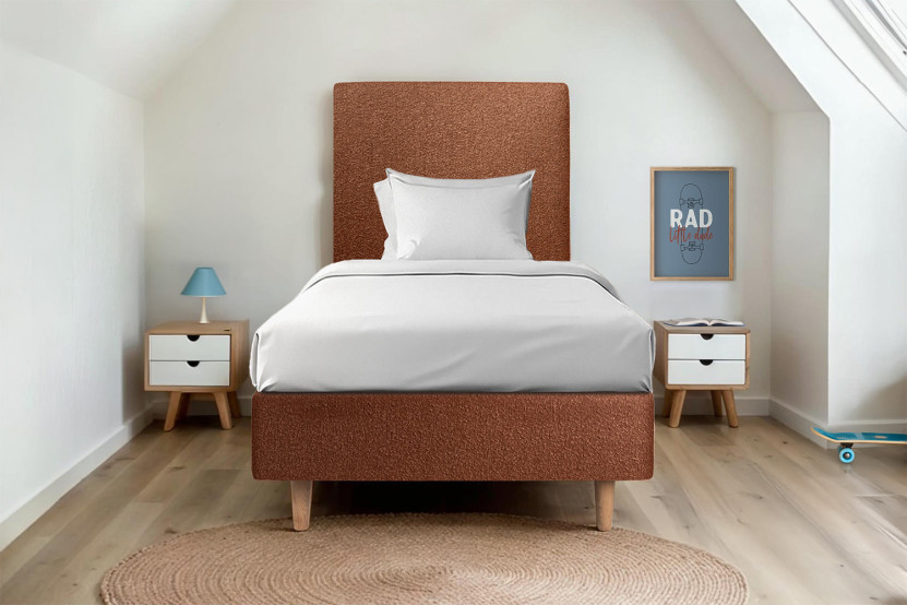 Lit 90x190 cm avec Tête de lit tapissée - Tissu Bouclette Terracotta