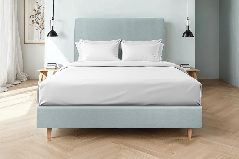 Lit 140x200 cm avec Tête de lit tapissée - Tissu Velours Gris Bleuté