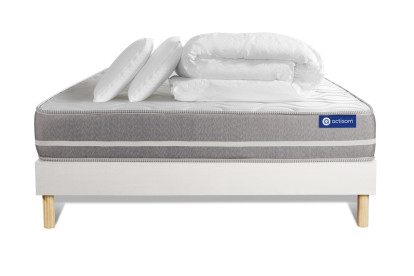 Pack lit complet 140x190 cm - Matelas + Sommier Blanc (en kit) + 2 oreillers + Couette - Actilatex Touch