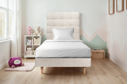 Lit 90x190 cm - Sommier tapissier H29 cm + tête de lit capitonnée - Tissu Bouclette Beige Clair