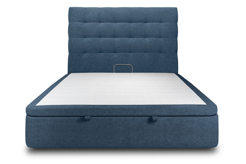 Lit coffre 200x200 cm avec Tête de lit capitonnée - Tissu Toile natté Bleu Océan